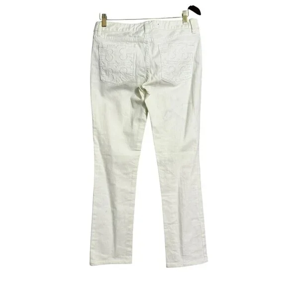 Tory Burch Skinny Jeans Pants Women Sz 28 White Embroidery Designer Logo Preppy - Picture 2 of 12